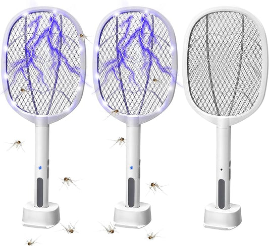 3 Packs Electric Fly Swatter Rackets, 2-in-1 Handhold Bug Zapper with 3000V High Voltage, Plug-in Mosquito Killer Insect Light Trap with 3 Layer Safety Mesh Portable for Indoor Outdoor Use