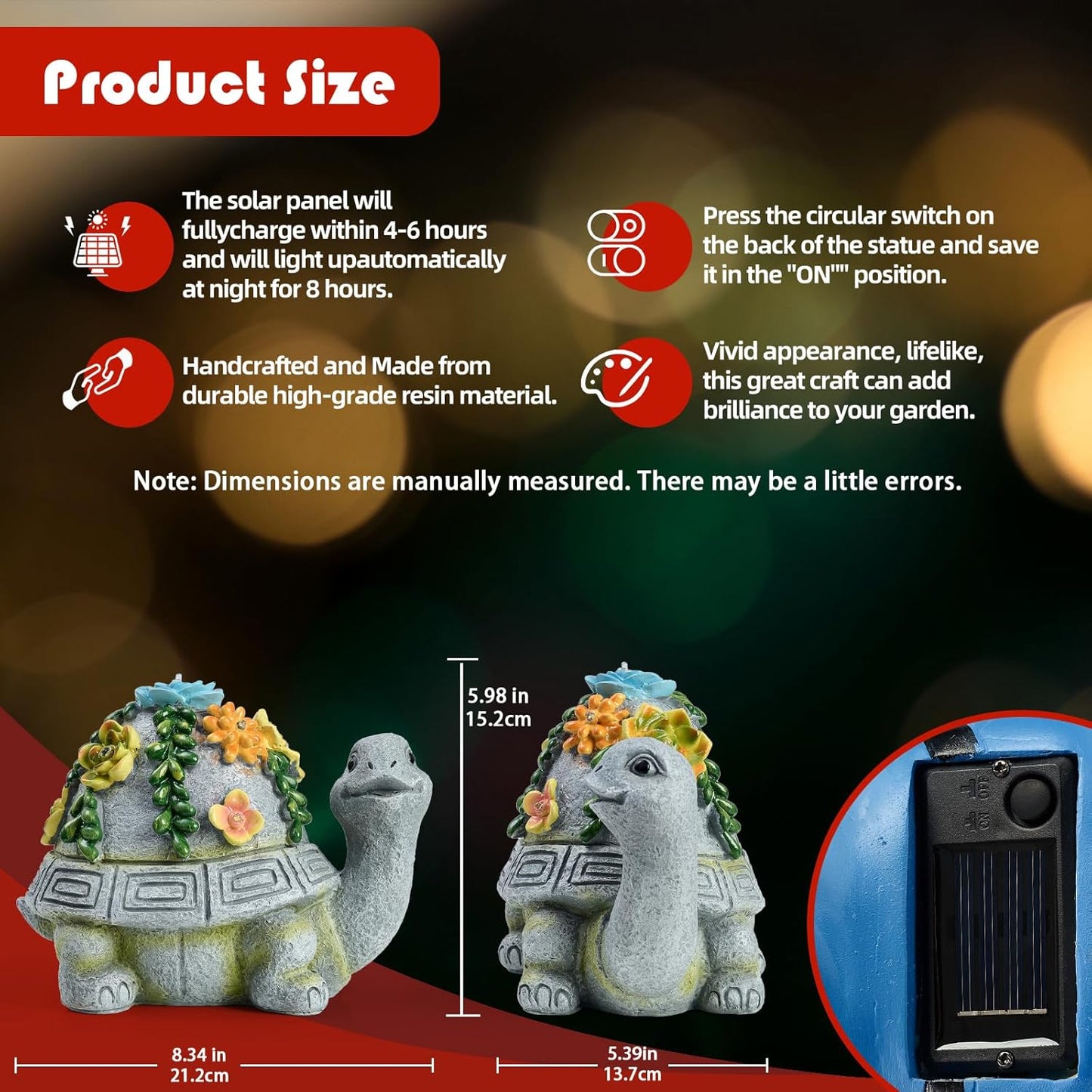 Solar Garden Turtle Decor Outdoor Statue - Turtle with LED Waterproof Sculptures Lights, Cute Pond/Yard Statues Outside Decoration, Home, Lawn, Patio, Resin Animal Ornament, Gardening Gift