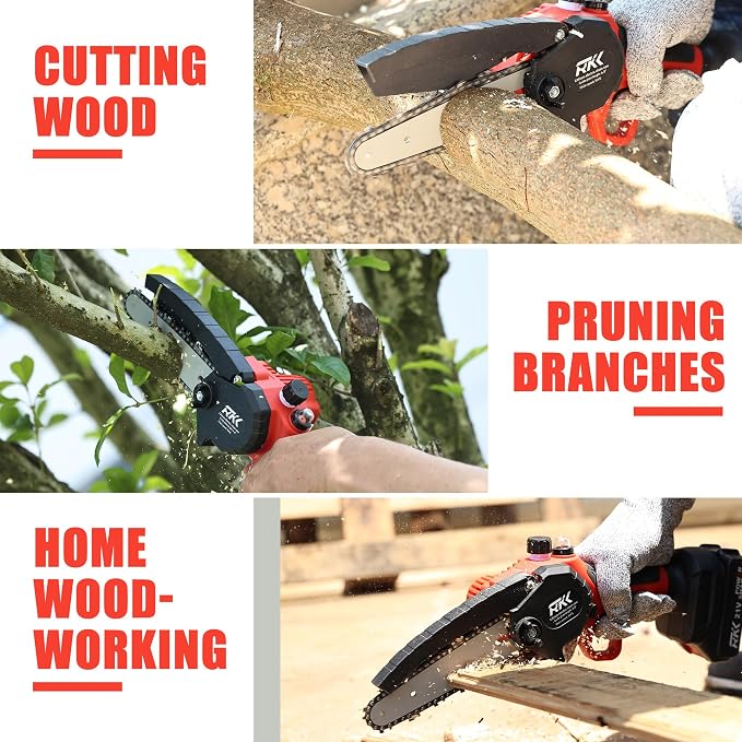 RKK Mini Chainsaw Cordless, 6 Inch + 8 Inch Portable Electric Chainsaw, Handheld Chain Saw with 2x Big Batteries Pruning Shears for Gardening, Courtyard, Household (MINI CHAINSAW + 2 Batteries)
