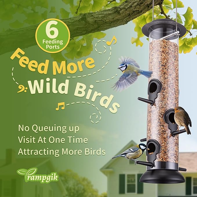 Metal Tube Bird Feeders for Outdoors Hanging,Finch Feeders for Outside,Chew-Proof Hanging Birdfeeder,Squirrel-Proof 6 Ports Bird Feeder 13 Inch,Anti-Rust,Black,1 Pack(Seed is not Included)