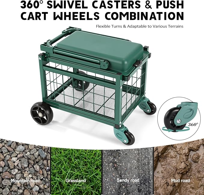 Rolling Garden Work Seat with Wheels, Heavy Duty Gardening Cart with Seat, Garden Stools for Seniors, Outdoor Wagon on Wheels for Lawn, Patio, and Backyard