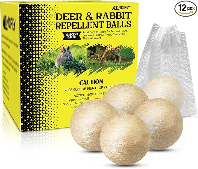 Deer & Rabbit Repellent Balls- Outdoor Animal Deterrent for Garden, Yard, Trees & Plants | Natural, Long-Lasting | Safe for Pets, Kids, Flowers & Vegetables (12PCS)