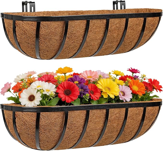24 Inch Railing Planter Boxes with Adjustable Brackets for Hanging Outdoor Plants, Window Box Planter with Coco Liner for Balcony Deck Porch & Patio Garden Decor, 2 Pack & Black
