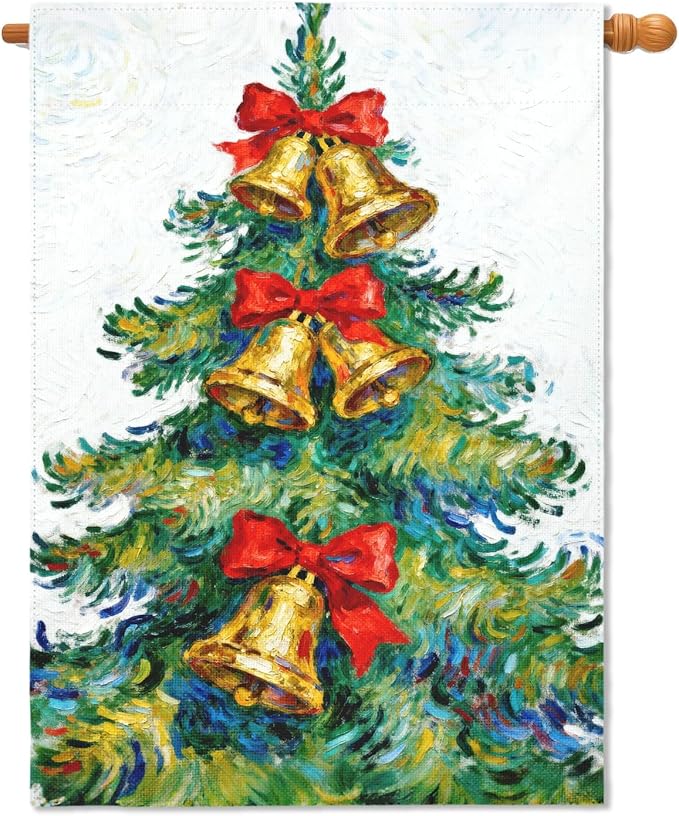 Christmas House Flag 28x40 Inch Green Yellow Red Xmas Tree Bell Bowknot Winter Holiday Decorative Garden Flags for Outside Double Sided Seasonal Outdoor Home Farmhouse Decoration Porch Yard Decor