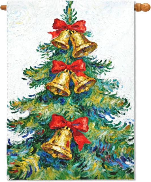 Christmas House Flag 28x40 Inch Green Yellow Red Xmas Tree Bell Bowknot Winter Holiday Decorative Garden Flags for Outside Double Sided Seasonal Outdoor Home Farmhouse Decoration Porch Yard Decor
