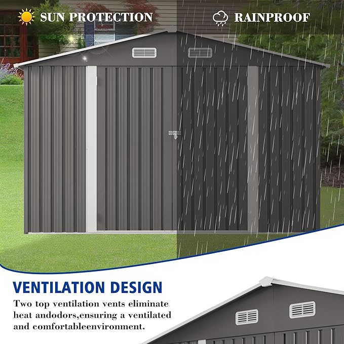 KEIKI 10x8 FT Outdoor Metal Storage Shed with Vent,Window and 2 Swing Door,Sloped Roof for Patio Backyard Bicycles