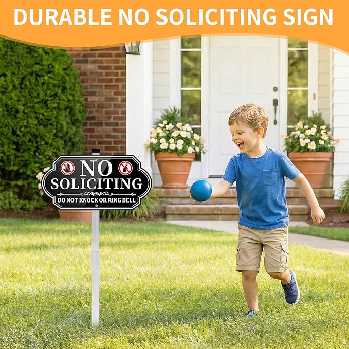 No Soliciting Sign for House, No Soliciting Yard Sign for Front Door Home, Aluminum Metal No Solicitation Sign 14 x 7 inches, with 28 inches Stake, Do Not Knock or Ring Bell
