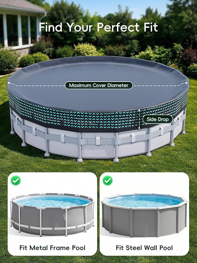 POOLHACKER 550D Pool Cover 14FT Round for Above Ground Pools [2026 Upgraded Heavy-Duty Fabric] Windproof Swimming Pool Cover with Steel Cable & Pulley System, UV Resistant