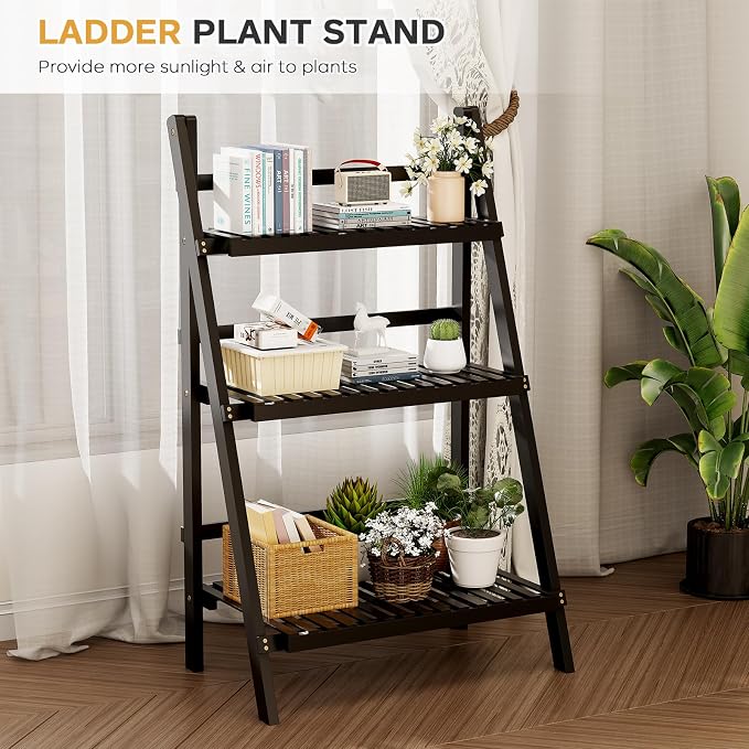 oakvivo 39.4" Foldable Plant Shelf Ladder Shelf, 3 Tier Bamboo Ladder Flower Pot Display Shelf, Freestanding Ladder Bookshelf for Garden, Balcony, Yard, Living Room, 23.6" W x 15" D x 39.4" H, Black