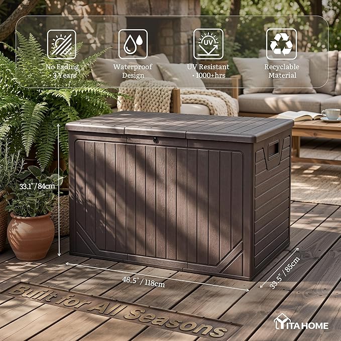 YITAHOME XXL 230 Gallon Extra Large Outdoor Deck Box, Lockable Resin Double-Wall Storage Box and Waterproof Patio Furniture Bin for Garden Tools & Pool Accessories, Brown