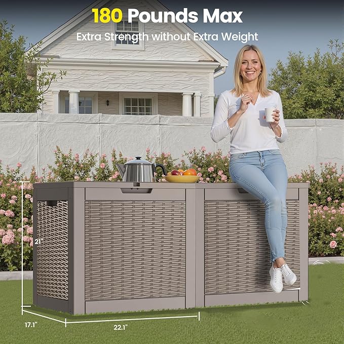 31 Gallon Outdoor Storage Box - Waterproof Resin Rattan Deck Box for Indoor & Outdoor Use - Lockable Outside Storage Bin for Package Delivery, Patio Cushions & Gardening Tools, Brown