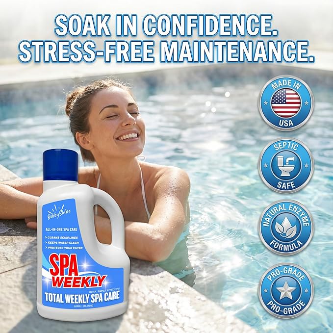 5-in-1 Hot Tub Chemicals – Spa Weekly Cleaner & Clarifier, Weekly Hot Tub Cleaner, Filter Protector + Water Conditioner, Clear Finish for Spas & Inflatable Tubs, 3 Liter (101.5 fl oz) – BubbyShine