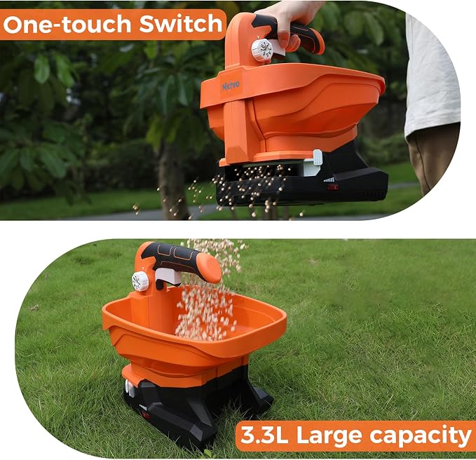 Electric Seed & Fertilizer Spreader, Type-C Rechargeable Handheld Lawn & Salt Spreader, 6 Speeds & 8 Flow Settings, 3.3L Capacity, 16.5 ft Wide Spread for Grass Seed & Ice Melt (Battery Included)