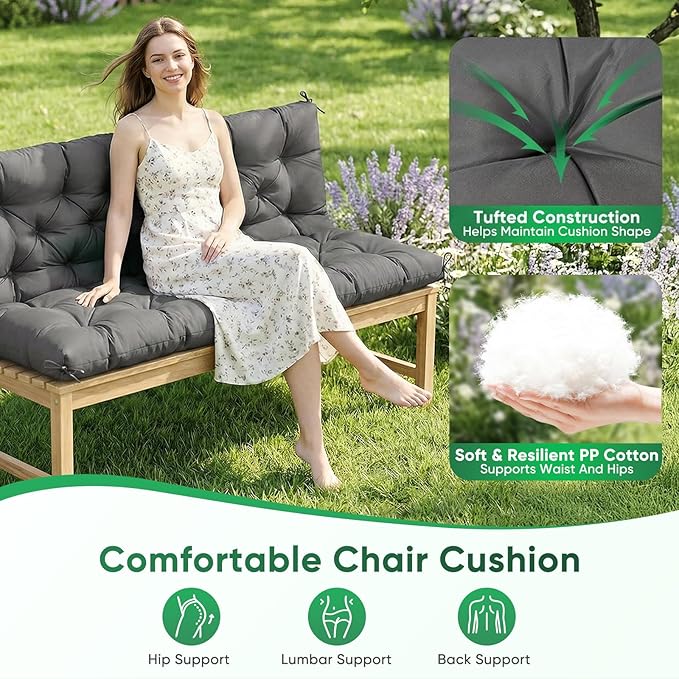 Porch Swing Cushions 60 Inch Waterproof,2 3-Seater Replacement for Outdoor Furniture with Backrest and Straps, Thick 4" Swing Seat Bench Cushion for Loveseat Glider Bench Patio Lawn Backyard