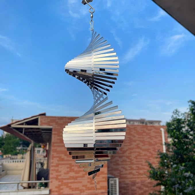 Hanging Wind Spinners,3D Spiral Highly Reflective Stainless Steel Metal Wind Spinner Outdoor Garden Decor,Bird Devices Deterrent to Scare Away Yard Birds 13.8in