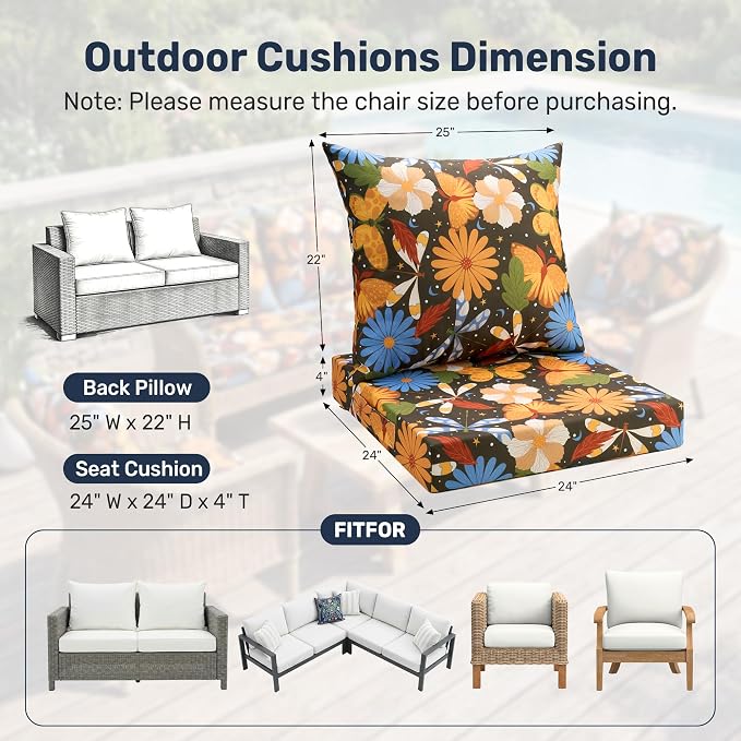 UNIKOME Outdoor Seat Cushions 24 X 24 Inch - Water-Resistant & Fade Resistant, Removable Cover Patio Furniture Cushions for Chair, Sofa, Couch, Wicker, Flower