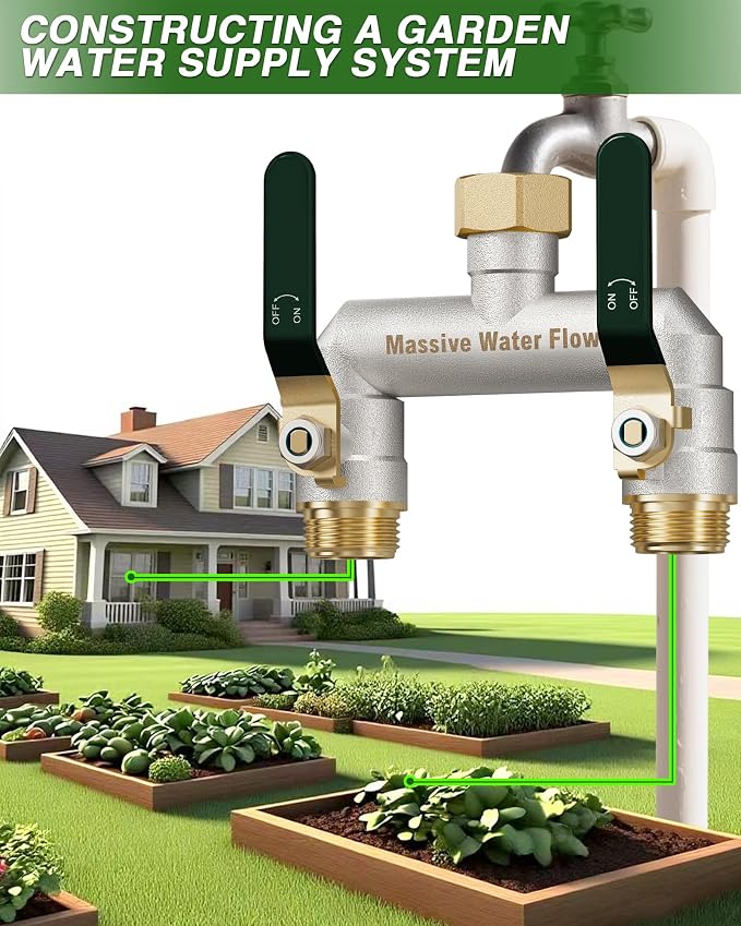 Hose Splitter 2 Way Heavy Duty, Garden Hose Splitter with 304 Stainless Steel Long Handle, Full Flow Brass Nickel Plated Water Hose T Spigot Splitter Adapter Connector, 3/4 - Inch GHT Thread (Green)
