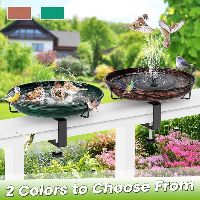 Deck Mounted Metal Bird Bath for Outside, Detachable Birdbath Bowl with Adjustable Steel Clamp, Outdoor Bird Feeder for Railing Balcony Fence Yard Art Garden Decor (Vintage Green)