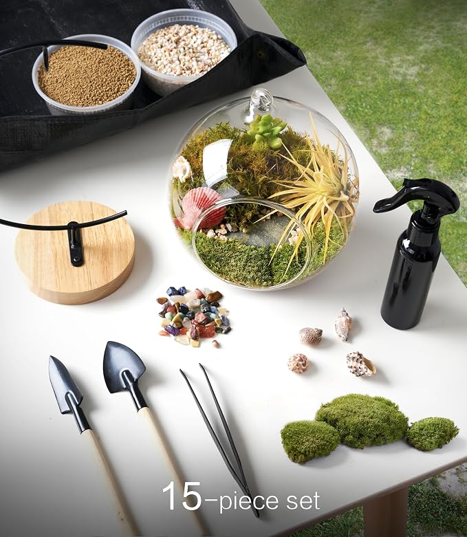 LUCKYRUNES DIY Terrarium Kit with Live Moss, 15-Piece Glass Globe Set with Wooden Stand, Tools, Soil, Stones & Spray Bottle, Indoor Mini Garden Gift for Plant Lovers, Home Desk Decor