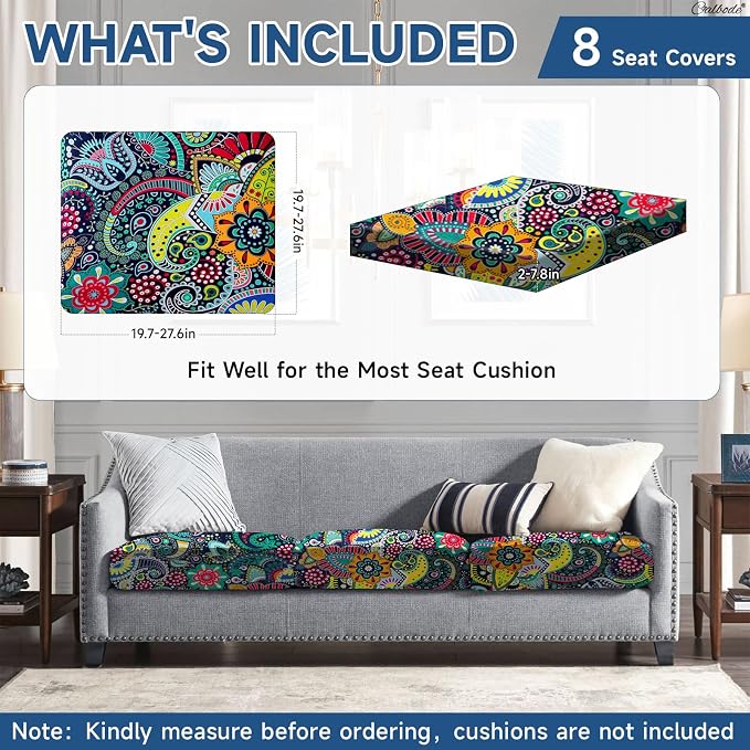 CALBODE 8Pcs Stretch Patio Cushion Cover, Boho Floral Couch & Sofa Slipcovers for Patio Furniture Cushions Washable Reusable Couch Covers Replacement for All Season, Breathable (Paisley, Cover Only)