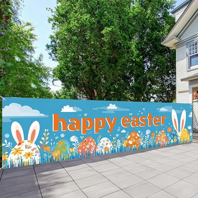 10x3 ft Extra Large Happy Easter Banner Outdoor 115''x35'' Cut Rabbit Banner for Fence Outside Garden Large Bunny Banners Yard