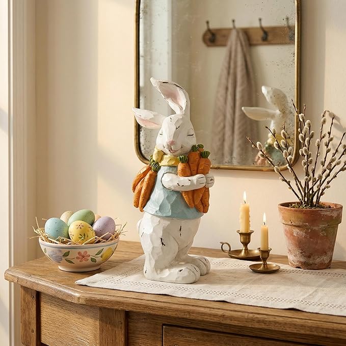 GoGnome Easter Decorations Bunny Resin Figurine with Carrots – 9.3'' Hand-Painted Rabbit Outdoor Statue, Spring Farmhouse Garden Decor for Easter, Mantel, Shelf, or Gift (White/Blue/Orange)
