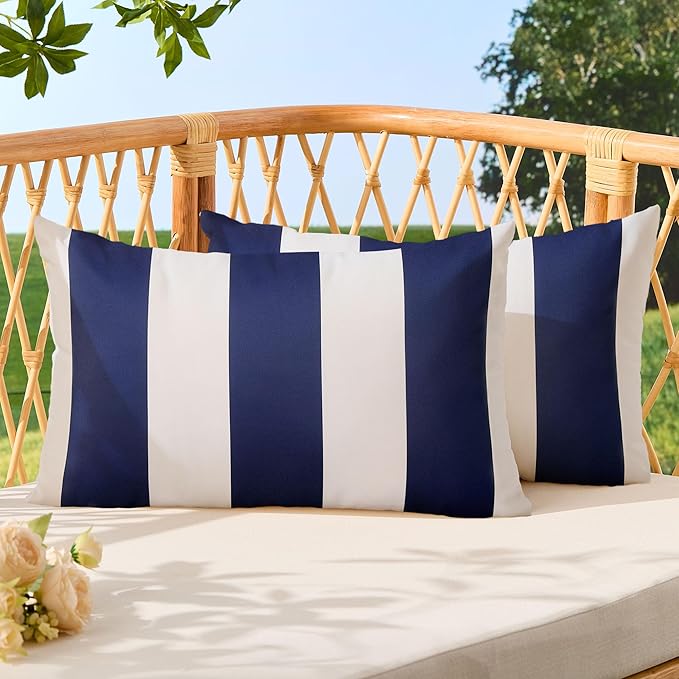 Allorry Outdoor Pillow Covers 12x20 Set of 2 Navy Blue Striped Decoration Throw Pillow Covers for Spring Summer Outdoor Waterproof Garden Patio Furniture Sofa Bed Home Decor JB007-D12