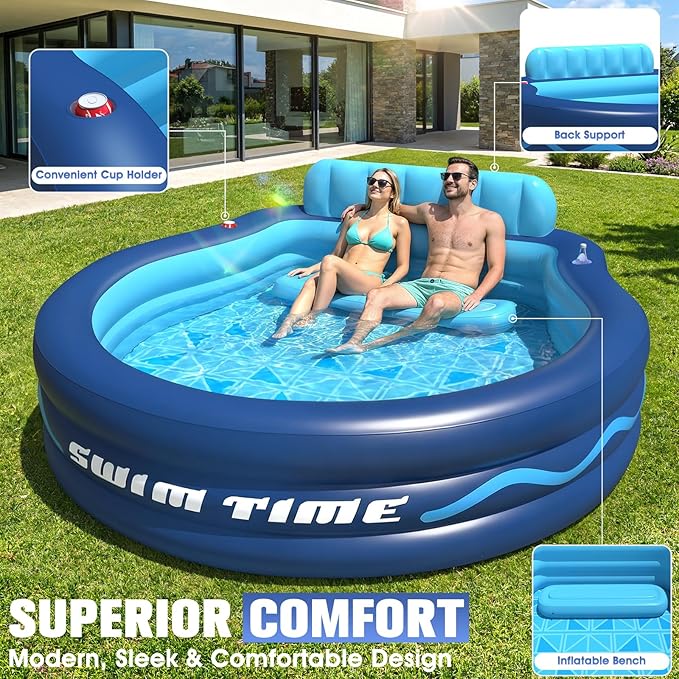 Inflatable Pool with Seats and Headrest,Oversized Thickened Large Blow Up Pool for Audlt,Inflatable Backyard Pools for Adult,Durable Swim Center Inflatable Family Lounge Pool 90"×90"×20"-Navy