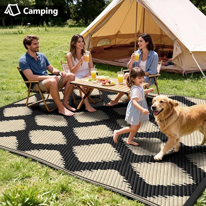 COOLTOP 9'x12’ Outdoor Rug for Patios Porches, Waterproof Plastic Camping Rugs, Modern Reversible Mat, Large Area Rugs for Backyard, Deck, RV, Balcony, Picnic, Beach, Black & Beige