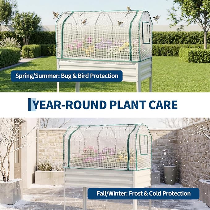 48×24×56in Galvanized Elevated Raised Garden Bed with Legs, Greenhouse Cover & Bird Net, Deep Metal Raised Planter Box for Backyard Patio Balcony Vegetables Herbs Flowers