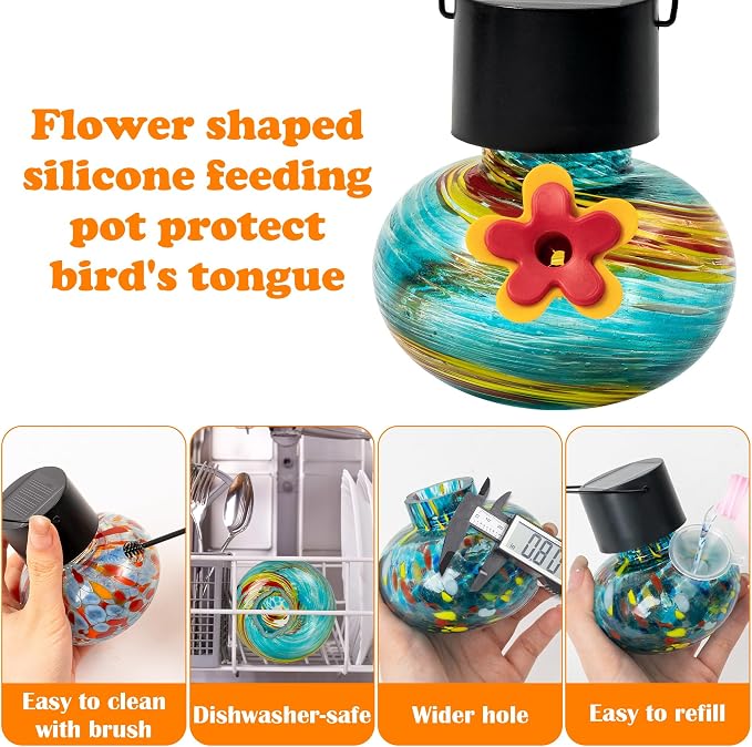 Solar Power Hummingbird Feeders - Colorful Hand Blown Glass Window Wild Humming Bird Feeders Outdoor Hanging Flower 6 Bee Guard Leak Proof Feeding Ports Garden Yard Backyard Decor Easy Clean