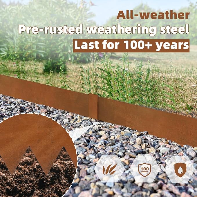 Weathering Steel Edging 6 Pack, 40" L x 6" H Depth Corten Steel Landscape Edging Kit Rust Patina Finish, 20ft Total Metal Edging for Landscaping, Metal Garden Border & Lawn Edging