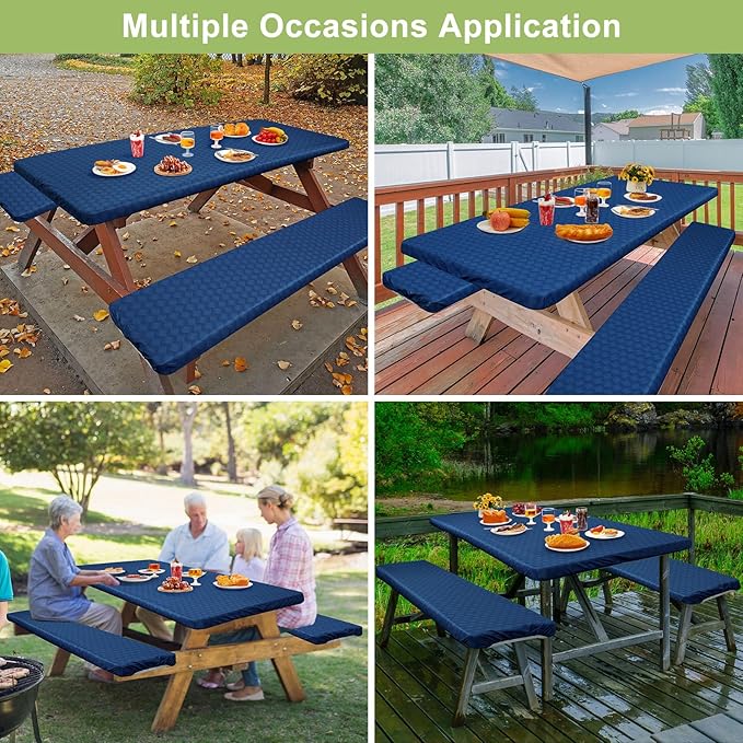 Picnic Table Cover with Bench Covers Camping Essentials Waterproof Windproof Camping Tablecloth with Drawstring Bag, Fitted Rectangle Tables and Seats, 96in, Deep Blue
