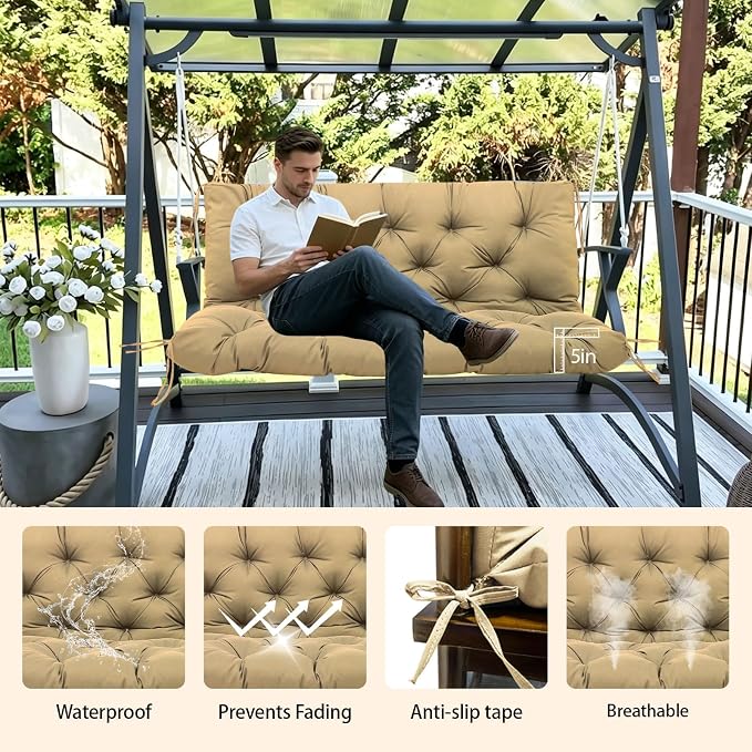 Porch Swing Cushions 60x40 Inch, 5" Extra Thick Waterproof Outdoor Swing Seat Cushion with Backrest & 8 Non-Slip Ties PP Cotton + Memory Foam Fill, Fade-Resistant 3-Seater Replacement for Patio Bench
