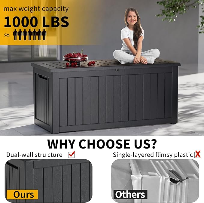 Outdoor Storage Deck Box Waterproof, 270 Gallon Large Lockable Patio Storage Bin Chest, Resin Outside Container Seat Bench for Furniture Cushions, Pool Accessories, Garden Tools & Delivery, Black