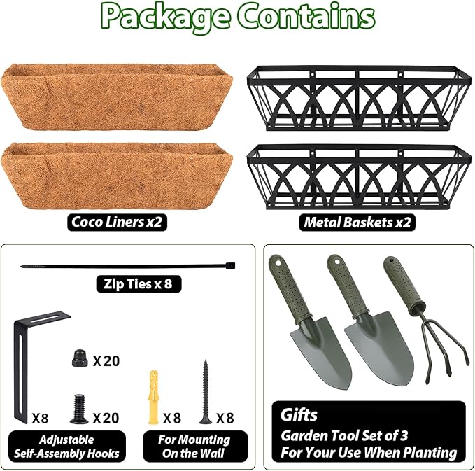 LCHUANG Deck Railing Planter Window Box - 2 Pack 30 Inch Deck Balcony Rail Planter with Coconut Coir Liner, Fence Metal Hanging Flower Planter Basket Deck Railing Planter Boxes for Outdoor Lawn