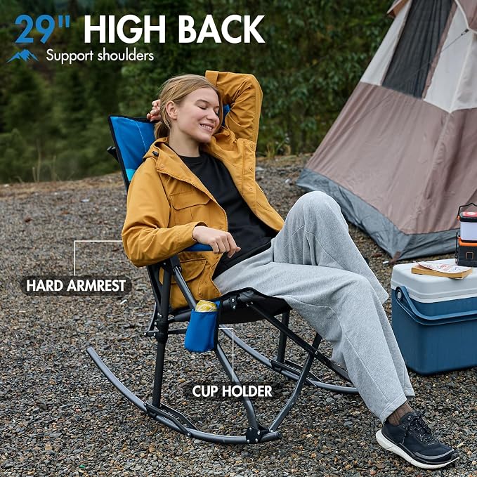Portal Oversized Folding Rocking Camping Chair Portable Outdoor Rocker with High Back Hard Armrests Carry Bag, Supports 400 lbs, Padded Back, Grey&Blue,2Pack