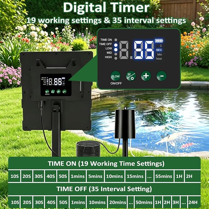 Lewisia 3W Solar Pond Aerator with Timer Air Pump Battery Aeration Kit Air Hoses and Bubble Stones Fish Tank Bubble Oxygenator
