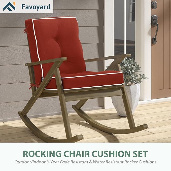 Favoyard Outdoor Rocking Chair Cushion 17 × 17 Inch Water Resistant & 3-Year Color Fastness Patio Chairs Cushions for Rockers Furniture, Set of Seat & Back Thick Tufted Cushion with Tie Straps, Red