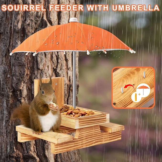 Gnodary Squirrel Feeder with Umbrella, Squirrel Feeders for Outside, Squirrel Picnic Table Feeder - Chipmunk Feeder Hold Corn, Corn Cob, Peanuts Style2 (Orange)