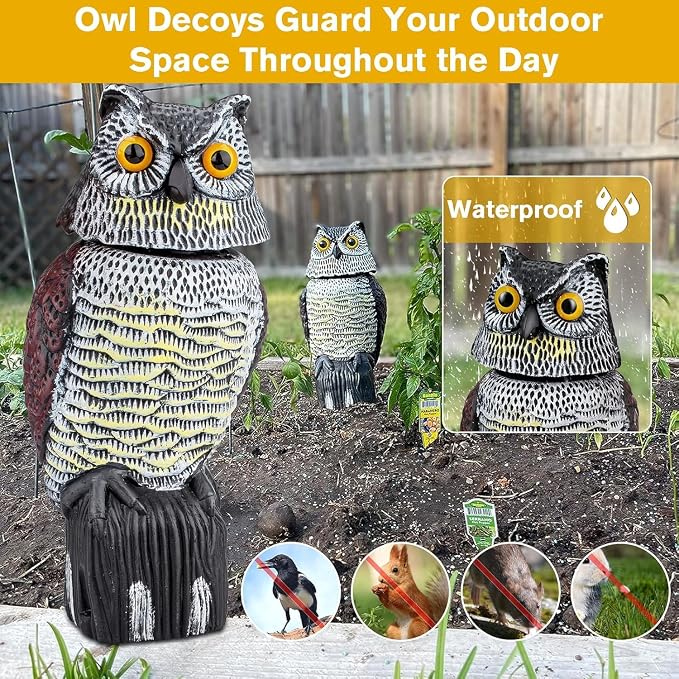 Fake Owl Statue to Scare Birds Away, Waterproof Moving Bird Deterrent Owl | Squirrel Repellent with 360° Rotating Head, Large Plastic Bird Control Owl for Outdoor Garden Patios Balcony Pool Barn Roof