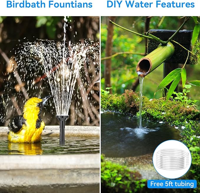 POPOSOAP 6.5W Solar Fountain Pump for Bird Bath Built-in 2400mAh Battery Backup & 8W Solar Powered Bird Bath with 3000mAh Battery Backup for Pond, Bird Bath, Backyard Water Feature