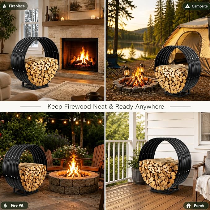 32" Firewood Rack with Roof Cover, Indoor & Outdoor Log Holder Keeps Firewood Dry, Clean & Organized for Fireplace, Patio & Backyard, Heavy-Duty Steel Wood Storage Rack, 500LBS Capacity