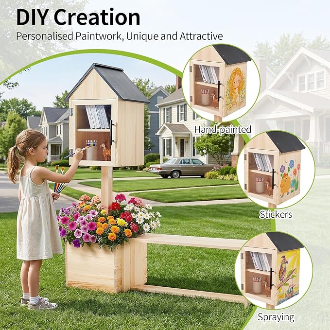 Wooden Little Library Box Outdoor with Bench & Planter Community Book Exchange Box Solid Pine Wood DIY Neighborhood Share Box Ground Mount Kit for Garden Decor, School