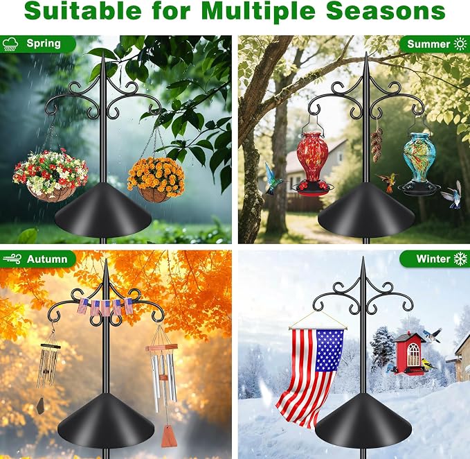 Heavy Duty Double Shepherd Hooks Squirrel Proof for Outdoor with 5-Prong Base, 88inch Adjustable Decorative Metal Bird Feeder Pole with Baffle for Hanging Bird Nests, Plant Baskets,1 Pack
