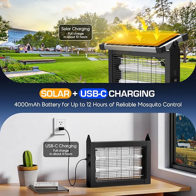 Solar Bug Zapper Outdoor Waterproof, 4500V High Power Cordless Mosquito Zapper with Smart Light Sensor, Dual Solar & USB Rechargeable Insect Killer for Patio, Garden, Backyard, Indoor & Outdoor Use