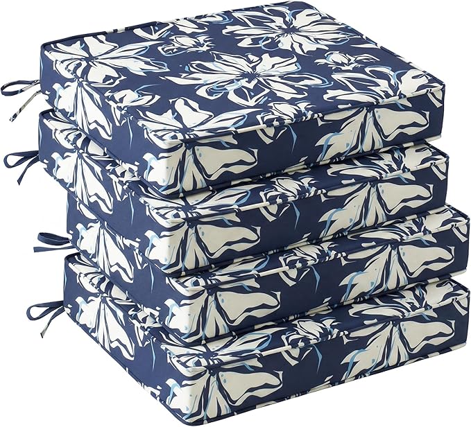 UNIKOME Outdoor Chair Cushions Set of 4, Water Resistant Patio Seat Cushions with Ties for Outdoor Furniture, High-Density Foam, UV & Fade Resistant, Piped Edge – 19" x 19" x 3", Blue-White Flower