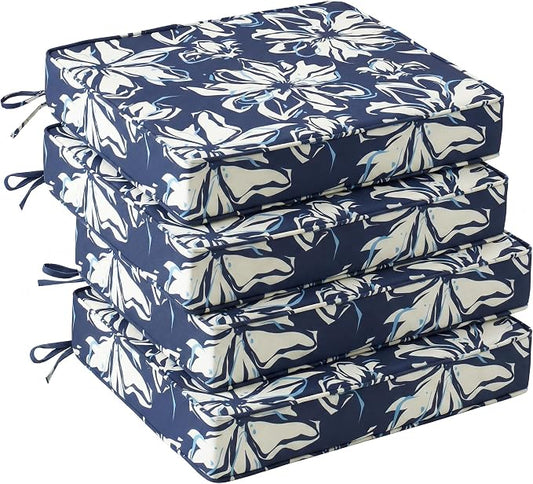 UNIKOME Outdoor Chair Cushions Set of 4, Water Resistant Patio Seat Cushions with Ties for Outdoor Furniture, High-Density Foam, UV & Fade Resistant, Piped Edge – 18.5" x 16" x 3", Blue-White Flower
