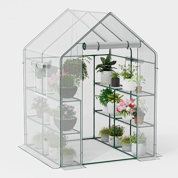 56×56×78Inch Walk-in Greenhouse for Outdoors with Screen Windows, Heavy Duty Small Plant House with Thicken PE Cover and Steel Shelves, Portable Green House for Outside Garden Winter, White