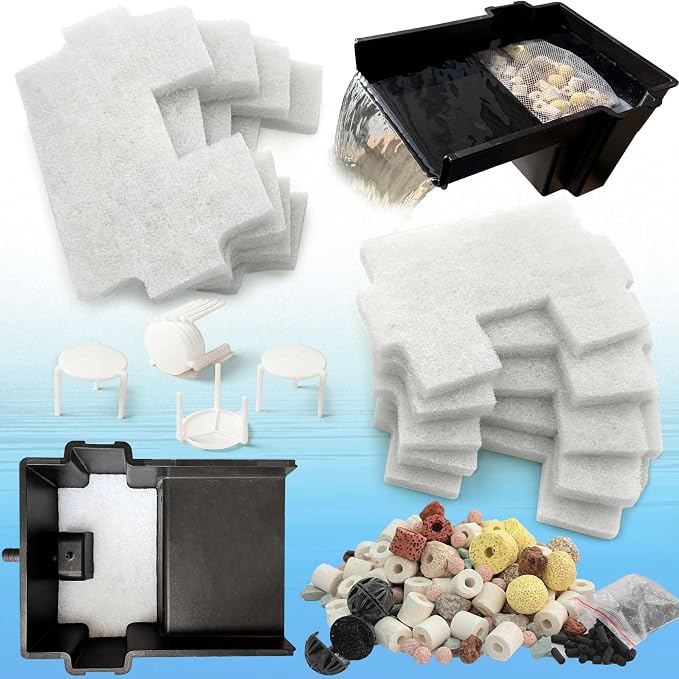 18PCS Upgraded Pond Waterfall Spillway Filter Media, 9* Pond Filter Pads + 500g Ceramic Rings+8 Bracket, Fish Filtration Durable Foam Mat for 8-Inch Waterfall Box